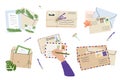 Flat lay illustration of envelopes, letters, postage stamps, stationery and tan female hand writing mail. Workspace top view. Hand