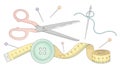 Sewing Essentials: Scissors, Tape Measure, Button, Needle & Thread, Pins Royalty Free Stock Photo