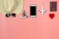 Flat lay image of accessory clothing man or women to plan travel in holiday background concept.Mobile phone & passport with many