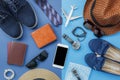 Flat lay image of accessory clothing man or women to plan travel in holiday Royalty Free Stock Photo