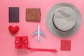 Flat lay image of accessory clothing man or women to plan travel in valentines day Royalty Free Stock Photo