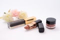 Flat lay image of beauty cosmetics make up with lipstick, cream, flower . Top view with copy space, for your text. white Royalty Free Stock Photo