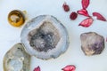 Flat lay image featuring mineral stones geodes amethyst agate jasper Royalty Free Stock Photo