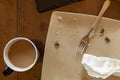 A flat lay image of a kitchen table after a quick breakfast on a workday.