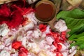 Flat Lay Image Of Puja Thali Full Of Flowers