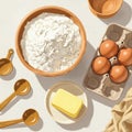 A flat lay image showing baking ingredients arranged on a surface. There is a large Royalty Free Stock Photo