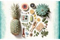 Flat lay of imaginary objects related to summer, designed by an ai