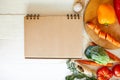 Flat lay of ingredient of cooking, vegetables around recipe book, grocering, local food Royalty Free Stock Photo