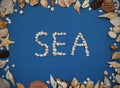 Flat lay. Inscription SEA from Stones, Frame of shells of various kinds on a blue background. Seashells and starfish on a dark blu