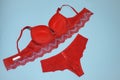 Flat lay lace bra and panties in bright scarlet color