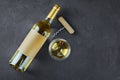 Flat lay of lying white wine bottle with empty label, corkscrew and glass for tasting