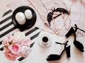 Flat lay, magazines, social media. Top view pink lace lingerie. Beauty blog concept. Woman fashion accessories Royalty Free Stock Photo