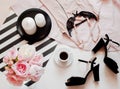 Flat lay, magazines, social media. Top view pink lace lingerie. Beauty blog concept. Woman fashion accessories