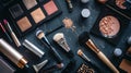 Flat lay of makeup tools on a black surface Royalty Free Stock Photo