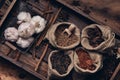 Flat lay of many spicy ingredient arrange in burlap and basket