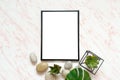 Flat lay marble desk with white empty frame for text, stones and succulents background