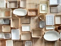 Flat lay of Marie Kondo`s storage boxes, containers and baskets with different sizes and shapes Royalty Free Stock Photo