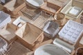 Flat lay of Marie Kondo`s storage boxes, containers and baskets with different sizes and shapes Royalty Free Stock Photo