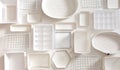 Flat lay of Marie Kondo`s white storage boxes, containers and baskets with different sizes and shapes Royalty Free Stock Photo