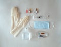 Flat lay with medical items: glaves, mask, syringe, ampoules. Vaccines Used for prevention, immunity and treatment from Royalty Free Stock Photo