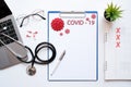 Flat lay medical and science concept on white table desk of doctor with COVID-19 document