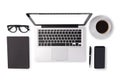 Flat lay of men device accessories in black tone color on office desk table such as notebook laptop computer , cup of coffee Royalty Free Stock Photo