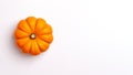 Flat lay of mini decorative white, orange pumpkin on white background from above at the left. Halloween and Thanksgiving greeting