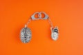 Flat lay of miniature anatomical copies of human brain and heart linked with handcuffs isolated on orange background. Royalty Free Stock Photo