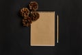 Flat lay minimalistic composition of pine cones lying in top corner of blank blank sheet of a craft notebook paper and wooden Royalty Free Stock Photo