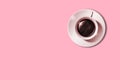 Flat lay of minimalistic picture of coffee on pink background. Minimalism coffee concept.