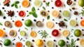 A flat lay of a mix of aromatic spices, ripe fruits, and fragrant herbs arranged artistically on a white surface Royalty Free Stock Photo