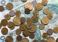 Flat lay of mixed coins isolated on white background. Mix of euro cents and Polish coins grosz lying on Polish 100 zloty banknotes Royalty Free Stock Photo