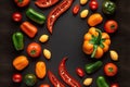 Flat lay mixed of half red and yellow pepper, cherry tomato on a black backround Royalty Free Stock Photo