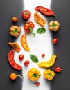 Flat lay mixed of half red and yellow pepper, cherry tomato on a black backround Royalty Free Stock Photo