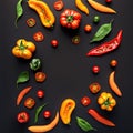 Flat lay mixed of half red and yellow pepper, cherry tomato on a black backround Royalty Free Stock Photo