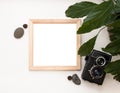 Flat lay mock up, top view, wooden frame, old camera, plant and stones. Interior layout, square poster mockup, wood frame.