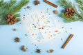 Flat lay mockup of Christmas baking. Homemade cooking. Fir twig with cones, cinnamon, anise and form for cookies on flour on blue