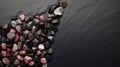 Flat lay mockup with layered black stone texture and smooth brown pebble texture, empty space