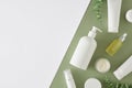 Flat lay mockup of white cosmetic bottles, cream jars, dropper bottles, eucalyptus leaves Royalty Free Stock Photo