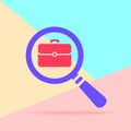 flat lay modern magnifying glass with flat portfolio briefcase icon with shadow on pastel colored blue and pink background Royalty Free Stock Photo