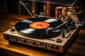 Flat lay of modern player and vinyl records on rustic wood