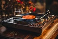 Flat lay of modern player and vinyl records on rustic wood