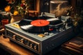 Flat lay of modern player and vinyl records on rustic wood