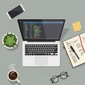 Flat lay of modern workspace with laptop, phone, notebook, and coffee Royalty Free Stock Photo