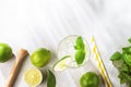 Flat-lay of mojito cocktail with lime, fresh mint and ice on white texture background with shadows. Summer refreshment citrus Royalty Free Stock Photo