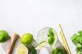 Flat lay of mojito cocktail with lime, fresh mint and ice on white texture background. Summer refreshment citrus drink. Top view a Royalty Free Stock Photo