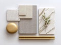 Flat lay of a moodboard showcasing materials and colors for a modern classic apartment, emphasizing textures and natural elements Royalty Free Stock Photo
