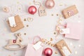 Flat lay of morden minimalist Christmas gifts and decoration in