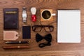 Flat lay morning notepad and men`s accessories. Royalty Free Stock Photo