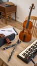 Flat Lay of Musical Instruments on Wooden Surface Generative AI. Royalty Free Stock Photo